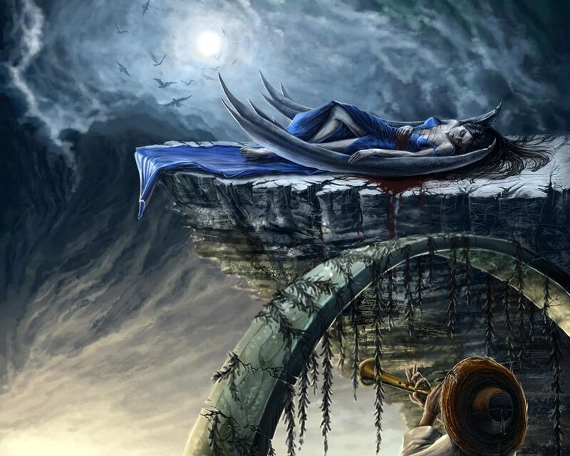 Woman with wings on cliff