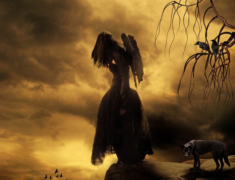 Woman with Wings on Cliff — Yellow