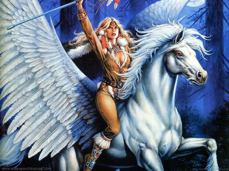Woman with Wings on Horse — Blue