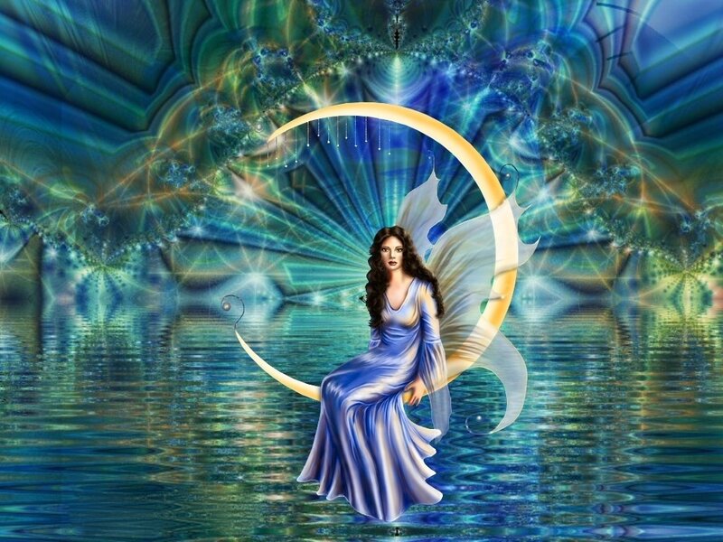 Woman with Wings on Moon — Blue