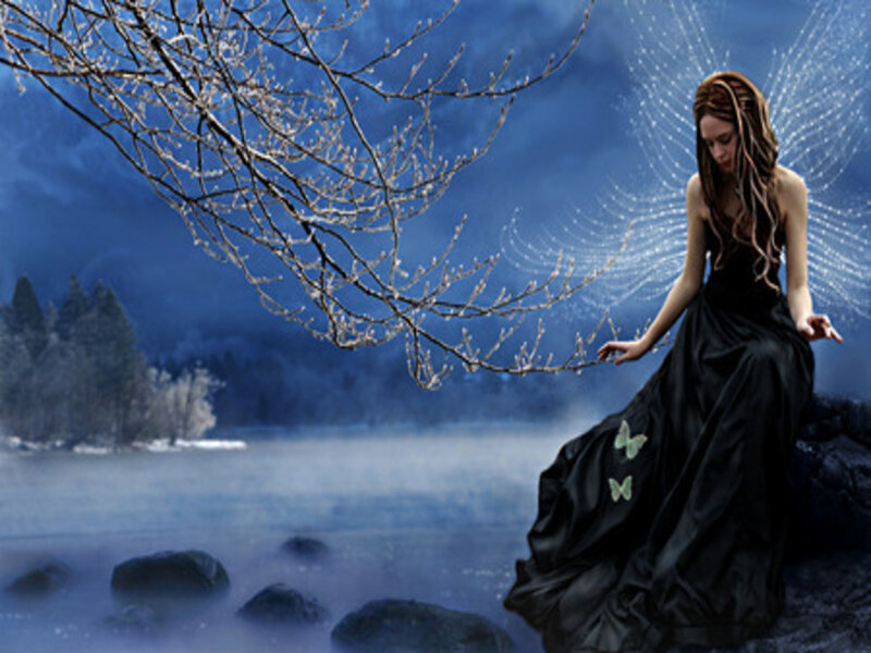 Woman with Wings on Rock — Blue, Dramatic