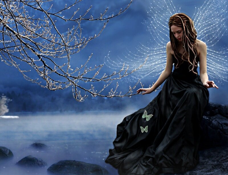 Woman with Wings on Rock — Blue