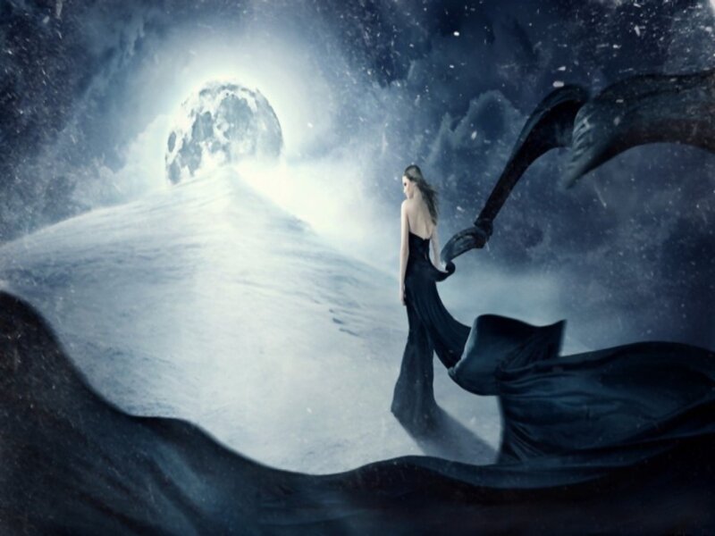 woman with wings on snowy hill