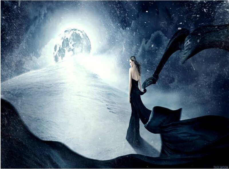 woman with wings on snowy hill
