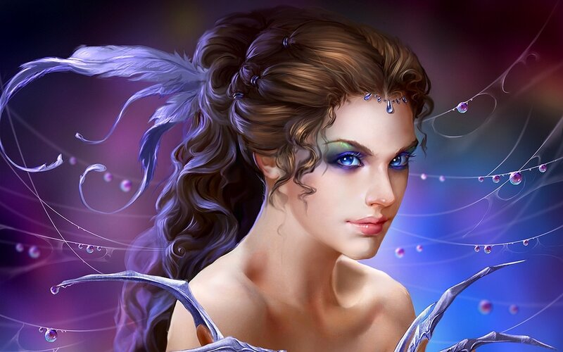 Woman with Wings — Purple, Dramatic, Digital Art, Feathers