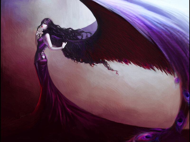 Woman with Wings — Purple, Dramatic, Digital Art