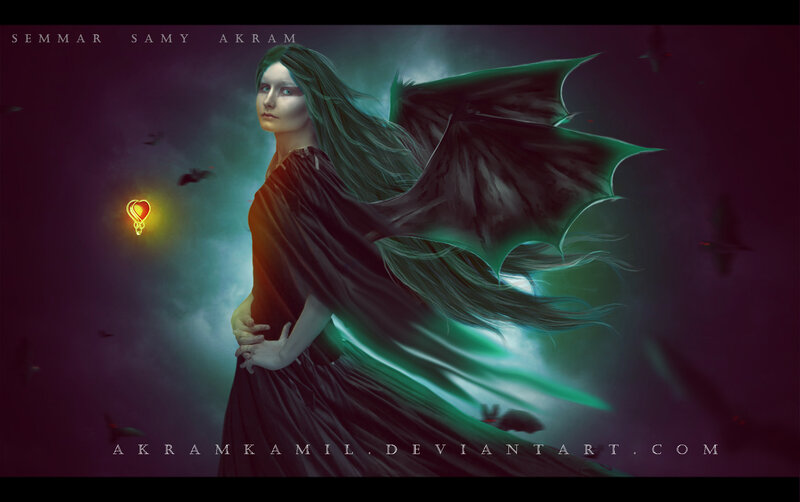 Woman with Wings — Purple, Dramatic, Night, Digital Art