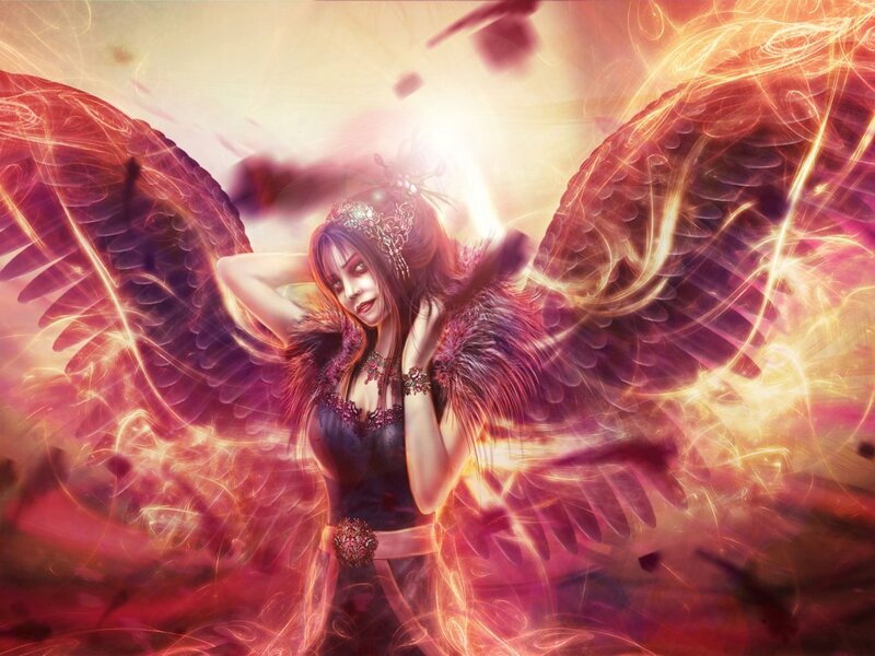 Woman with Wings — Red, Dramatic, Digital Art, Crown