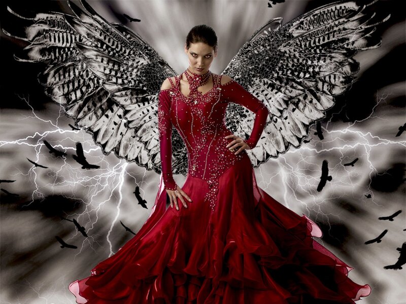 Woman with Wings — Red, Dramatic, Digital Art, Lightning