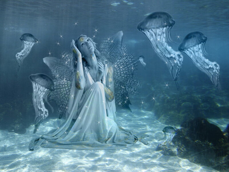 Woman with Wings Underwater — Blue, Serene