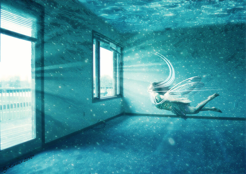 Woman with Wings Underwater — Blue