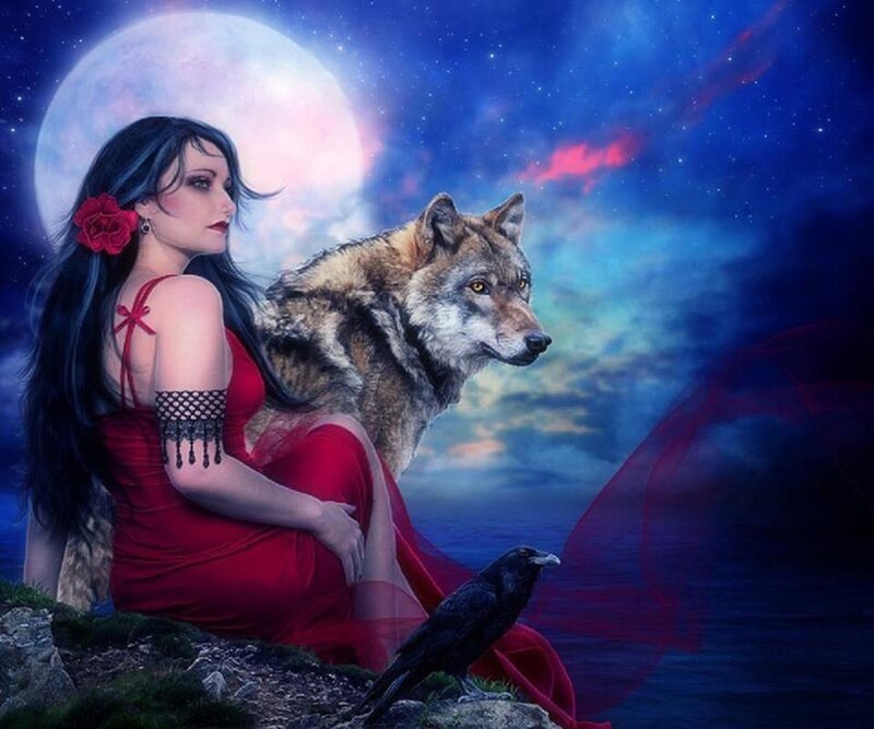 Woman with Wolf and Crow — Blue