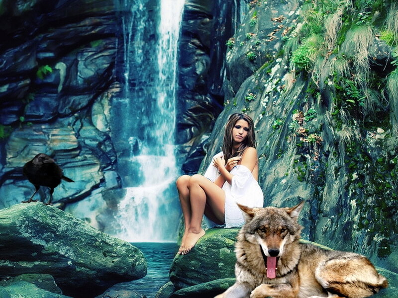 Woman with Wolf and Crow