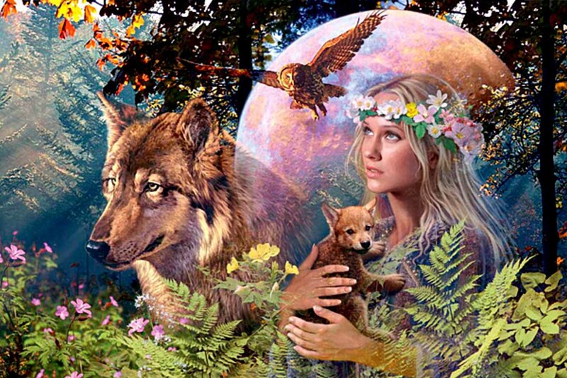 Woman with Wolf and Cub