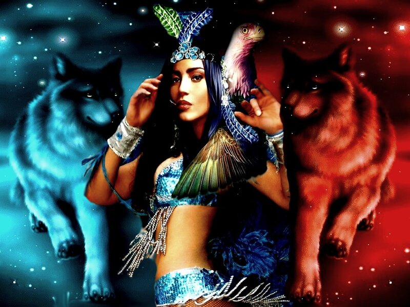 Woman with Wolf and Eagle — Blue
