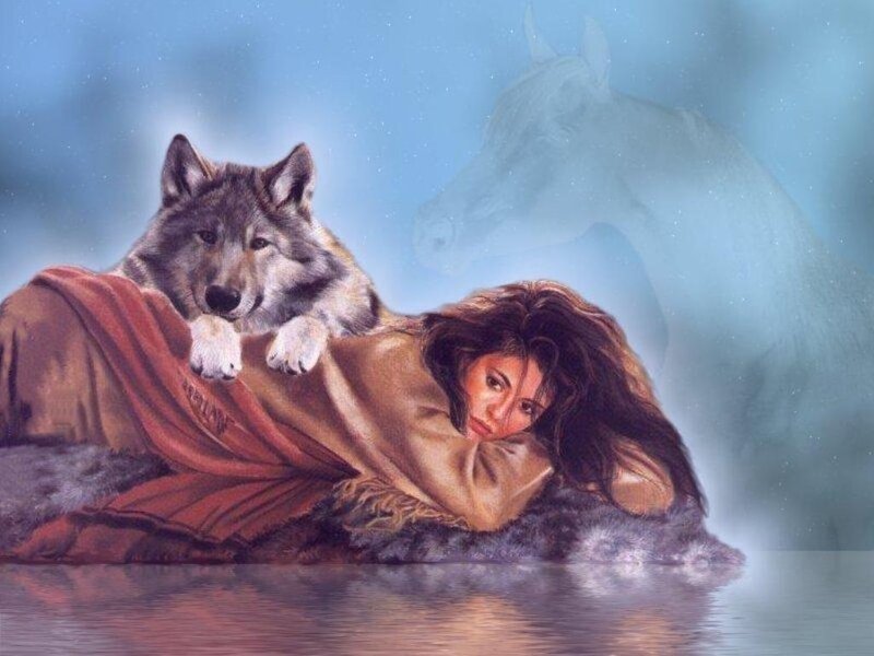 woman with wolf and horse