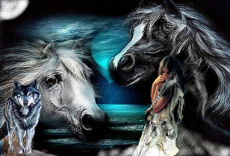 Woman with Wolf and Horses