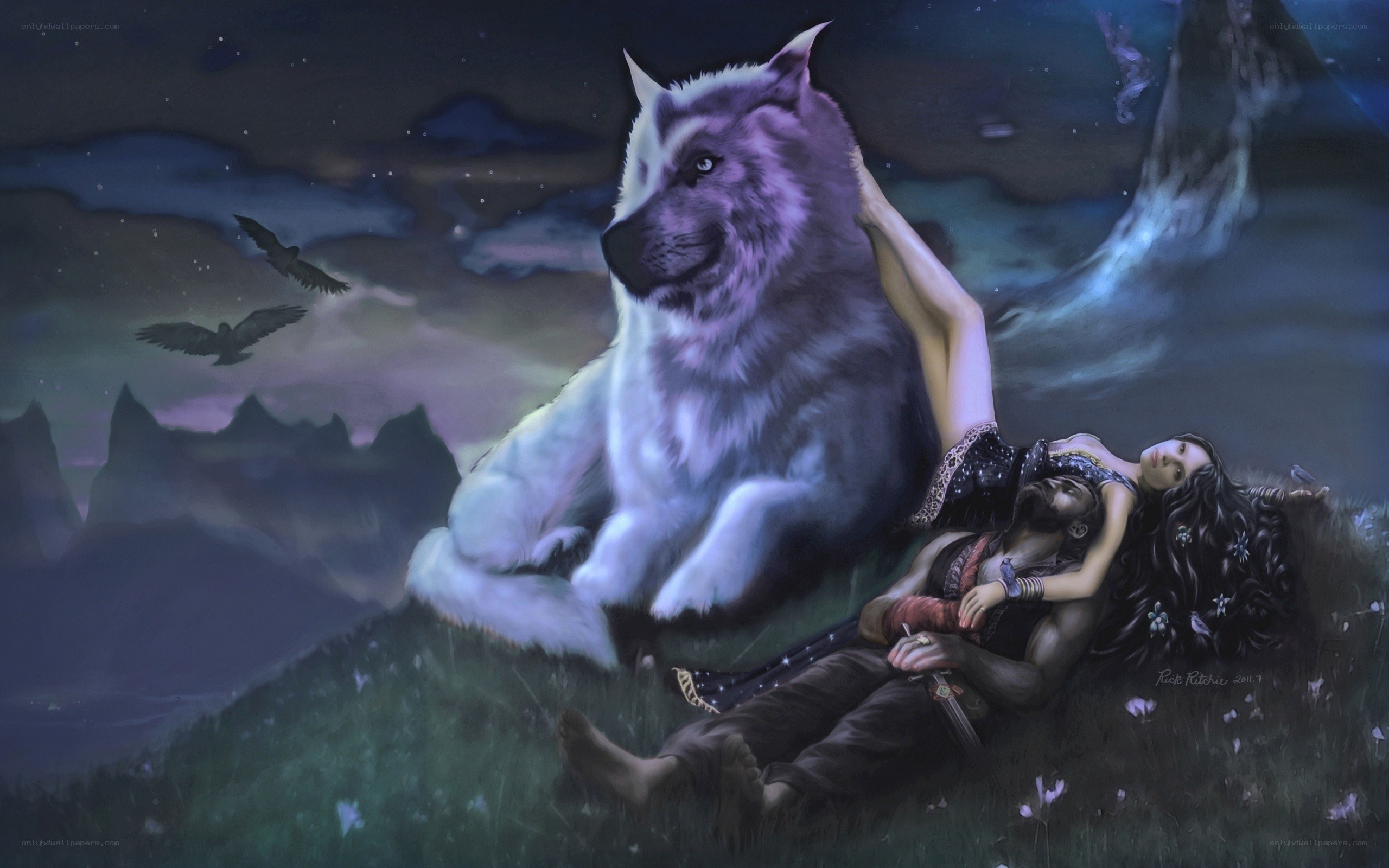 woman with wolf and man