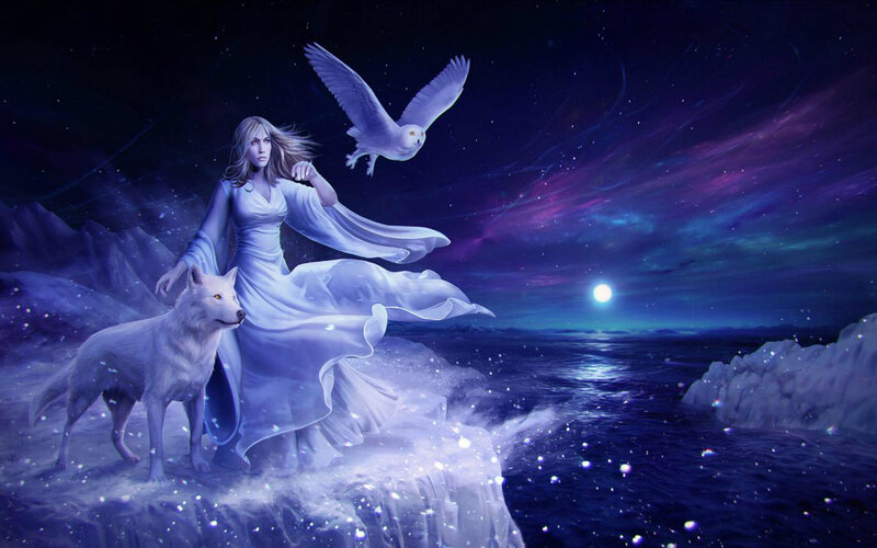 Woman with Wolf and Owl — Blue