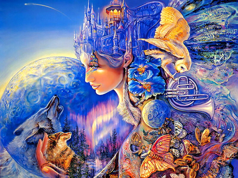 Woman with Wolf and Owl