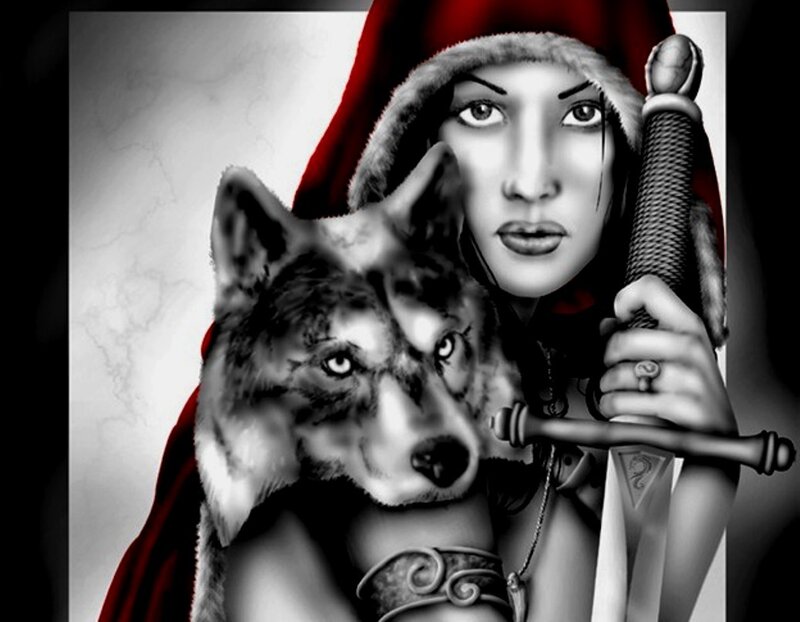 woman with wolf and sword