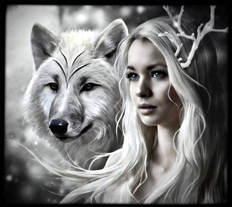 Woman with Wolf — Black, Dramatic, Digital Art, Antlers