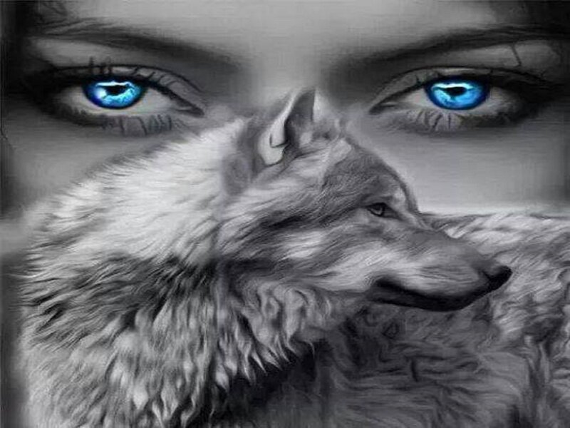 Woman with Wolf — Black, Dramatic, Digital Art, Eyes