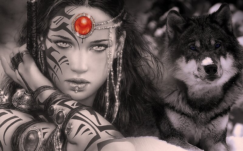 Woman with Wolf — Black, Dramatic, Digital Art, Tattoos