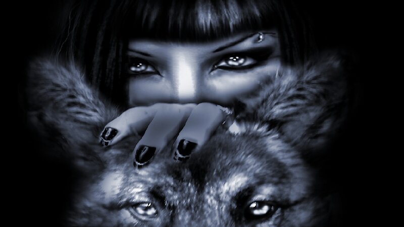 Woman with Wolf — Black, Dramatic, Digital Art