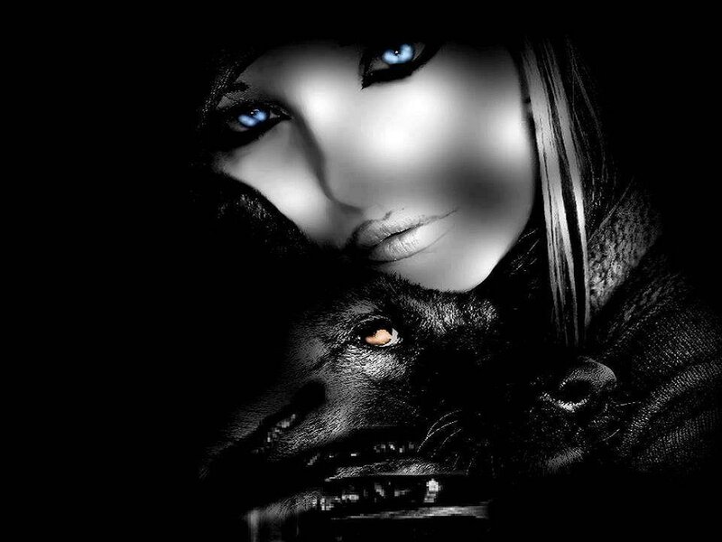 Woman with Wolf — Black, Dramatic, Night, Digital Art, Eyes