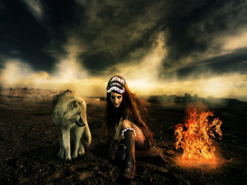 Woman with Wolf — Black, Dramatic, Night, Digital Art, Fire