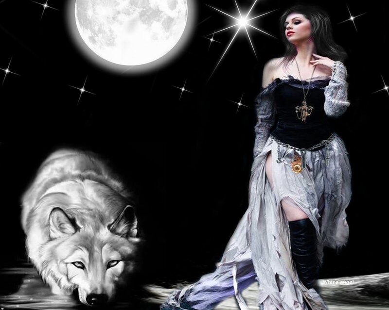 Woman with Wolf — Black, Dramatic, Night, Digital Art, Moon