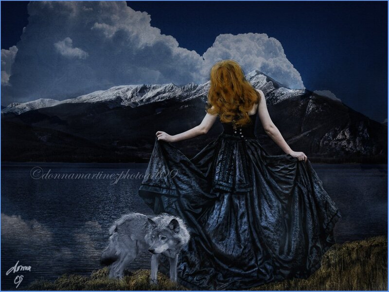 Woman with Wolf — Black, Dramatic, Night, Digital Art, Mountains