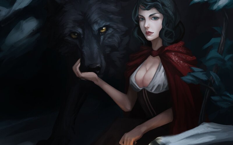 Woman with Wolf — Black, Dramatic, Night, Digital Art, Red Cloak