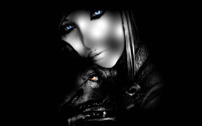 Woman with Wolf — Black, Dramatic, Night, Digital Art