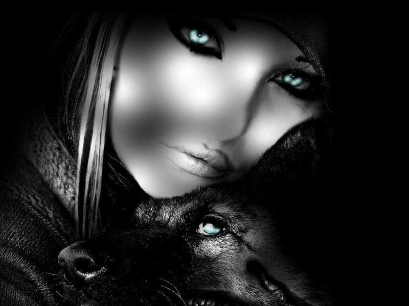 Woman with Wolf — Black, Dramatic, Night