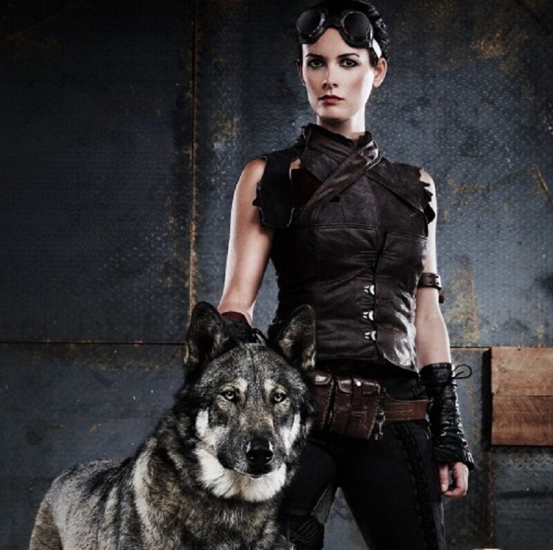 Woman with Wolf — Black, Dramatic, Photograph, Goggles
