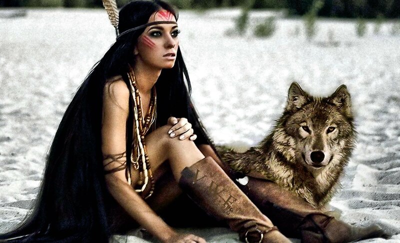 Woman with Wolf — Black, Dramatic, Photograph