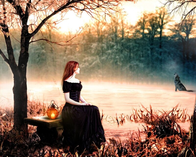 Woman with Wolf — Black, Serene