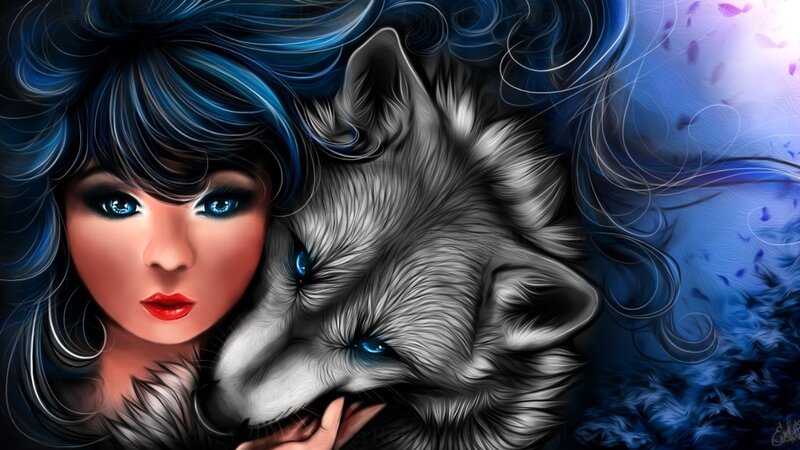 Woman with Wolf — Blue, Dramatic, Digital Art, Blue Hair