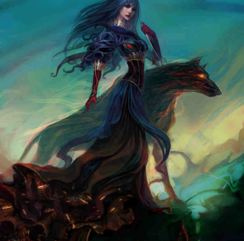 Woman with Wolf — Blue, Dramatic, Digital Art, Sword