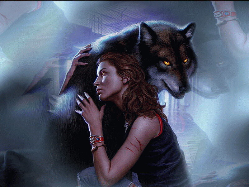 Woman with Wolf — Blue, Dramatic, Night, Digital Art, Braces