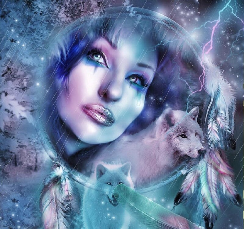 Woman with Wolf — Blue, Dramatic, Night, Digital Art, Feathers