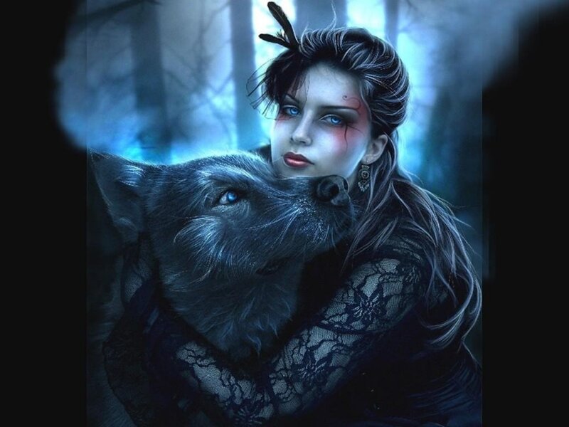 Woman with Wolf — Blue, Dramatic, Night, Digital Art, Forest, Lace