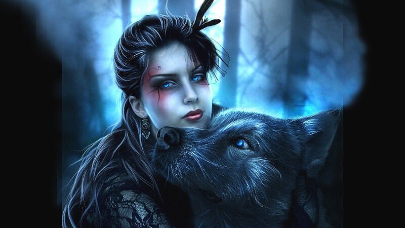 Woman with Wolf — Blue, Dramatic, Night, Digital Art, Forest