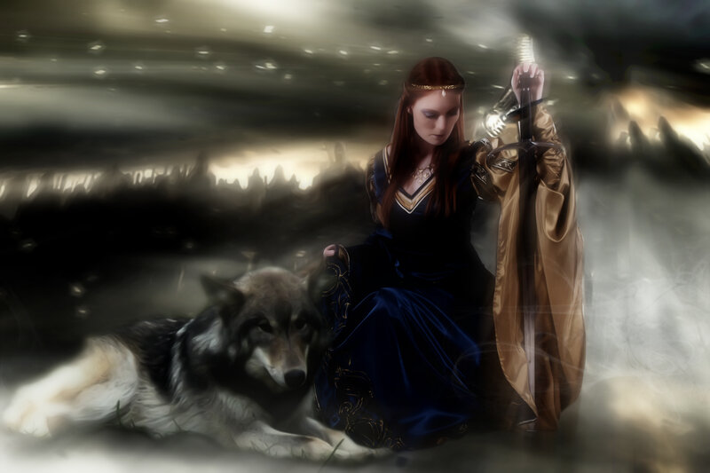 Woman with Wolf — Blue, Dramatic, Night, Digital Art, Sword