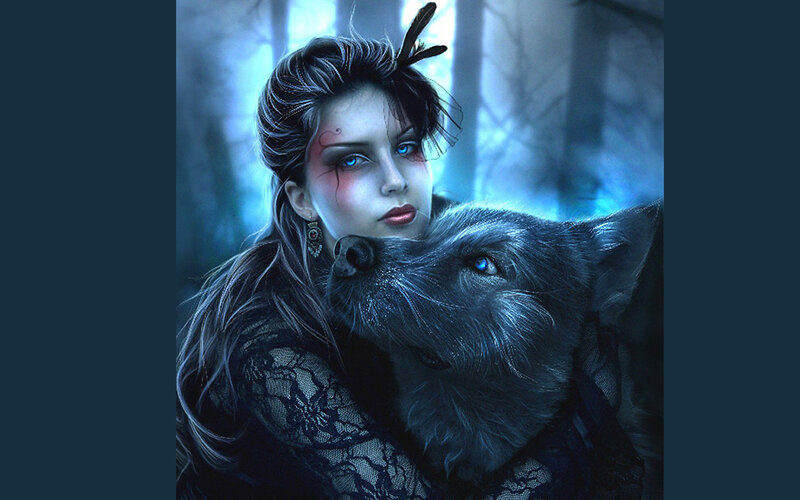 Woman with Wolf — Blue, Dramatic, Night, Digital Art