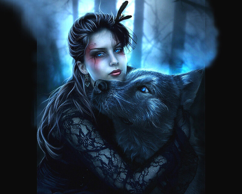 Woman with Wolf — Blue, Dramatic, Night