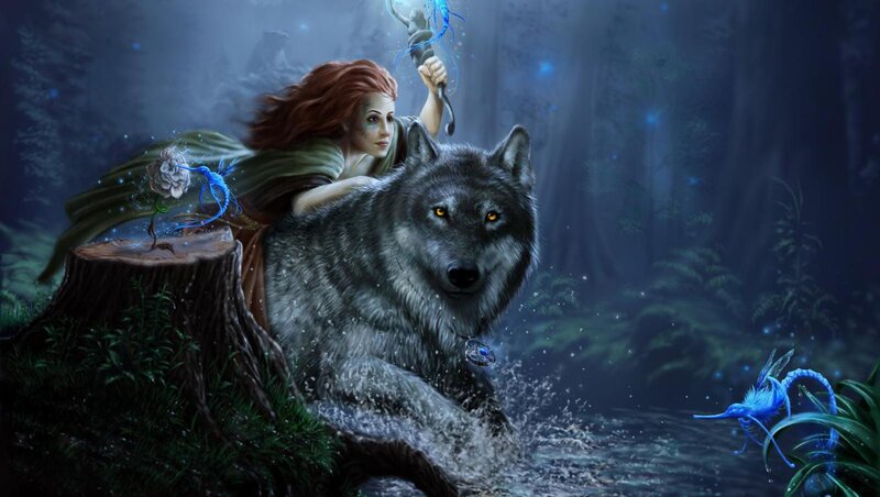 Woman with Wolf — Blue, Mystical, Night, Digital Art, Magic Wand