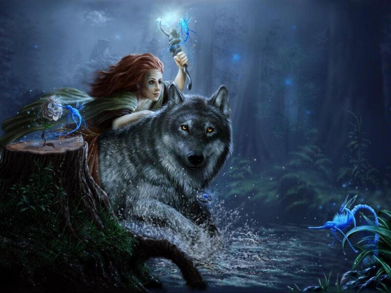 Woman with Wolf — Blue, Mystical, Night
